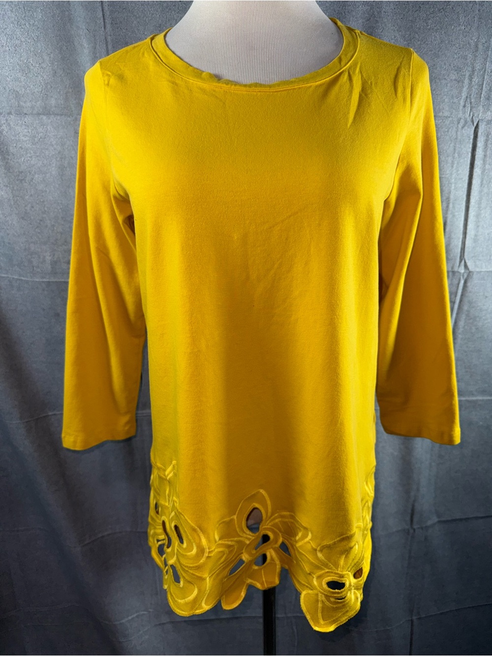 2528-Attitudes by Renee Mustard Yellow Long Sleeve Tunic with Cutout Hem
